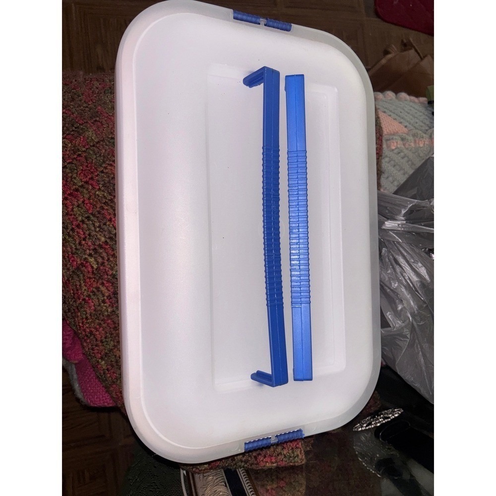 Sterilite White Plastic Storage Bin with Blue Latching Lid 16x11x6